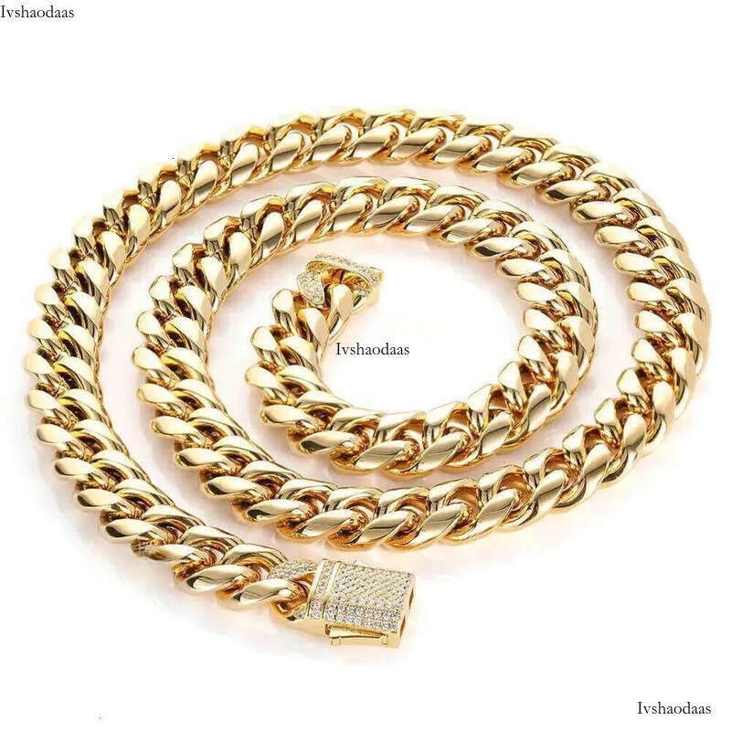 Hip Hop Miami Titanium Steel Mens Nece Bracelet Set with Zircon Spring Buckle Cuban Link Gold Chain Popular Jewelry chains 825 aaa