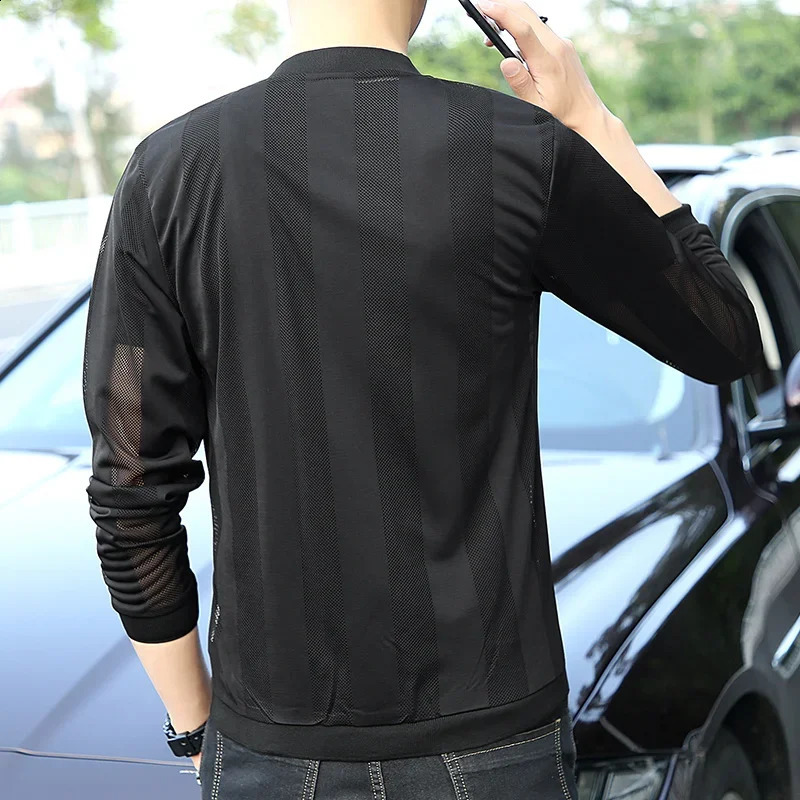 White Cutout Mens Long Sleeve JacketSummer Striped Sun Protection Coat Black Light Thin Top JacketsBreathableQuickdrying 251015