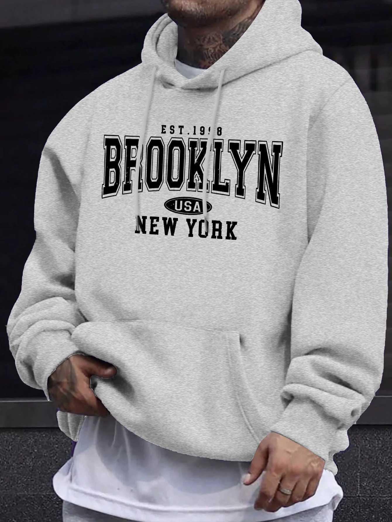 Mens autumn and winter casual fashionable loose hoodie 1998 Brooklyn graphic print long sleeved hooded warm pulloverT251023