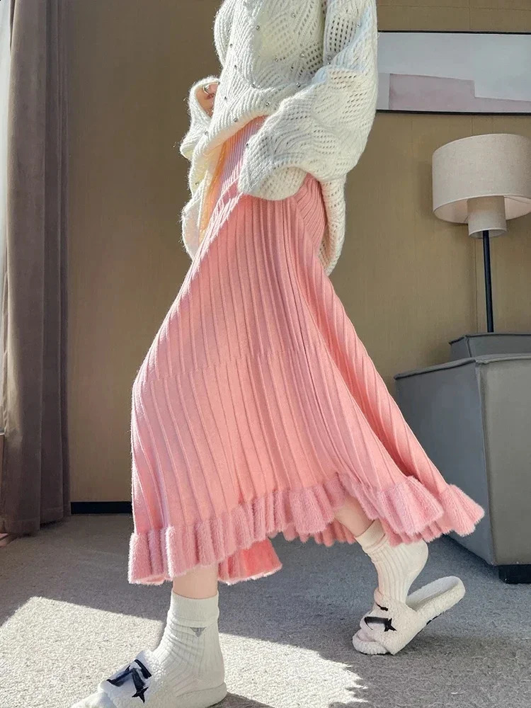Womens Pink HighWaisted Knitted Skirt Solid Color ALine MidLength Pleated Fashion Autumn Winter 251022