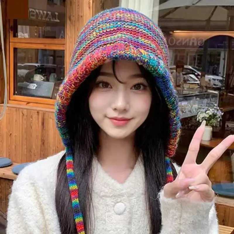 1pc New Rainbow Striped Knitting Beanie Hat Women Girl Winter Warm Crochet Ear Protection CapXJ251023
