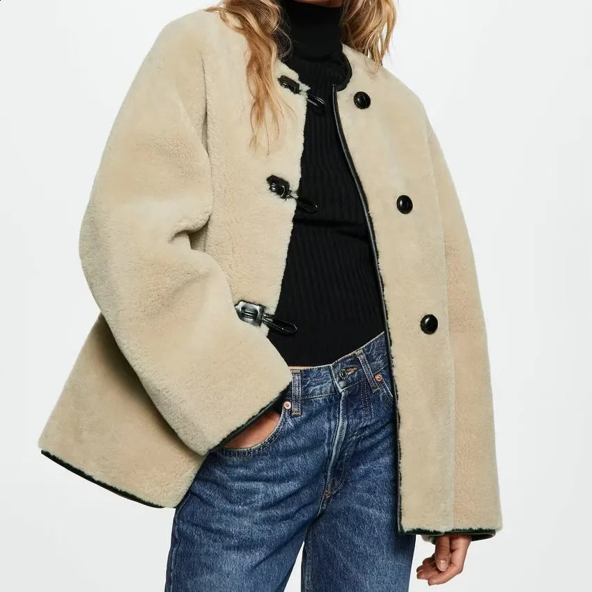 Loose round Neck Button up Pure Color Fashion Casual Rabbit Fur Jacket Womens Comfortable Leisure Outerwear Autumn Winter 251018