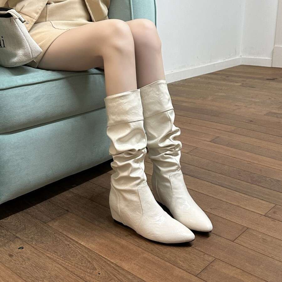 Soft Leather Chunky Heel Wrinkled Slouchy Riding 2025 Autumn New Style Internal Designer Shoe Height Increase Slim High Tube Long Boots