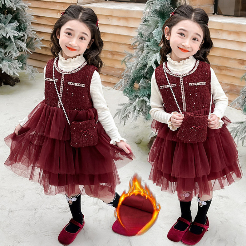 Children's designer autumn and winter fashion new girls' wool lined thick vest dress two-piece set winter set
