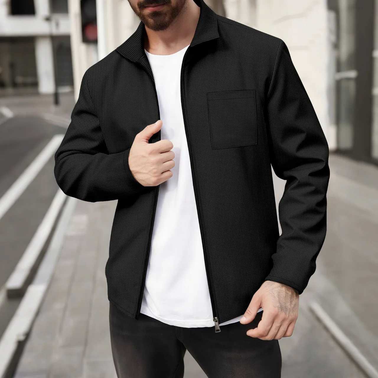 Mens FourSeason Casual Business Waffle Check Coat Lapel Zipper Chest Pocket Fashionable Top W251023