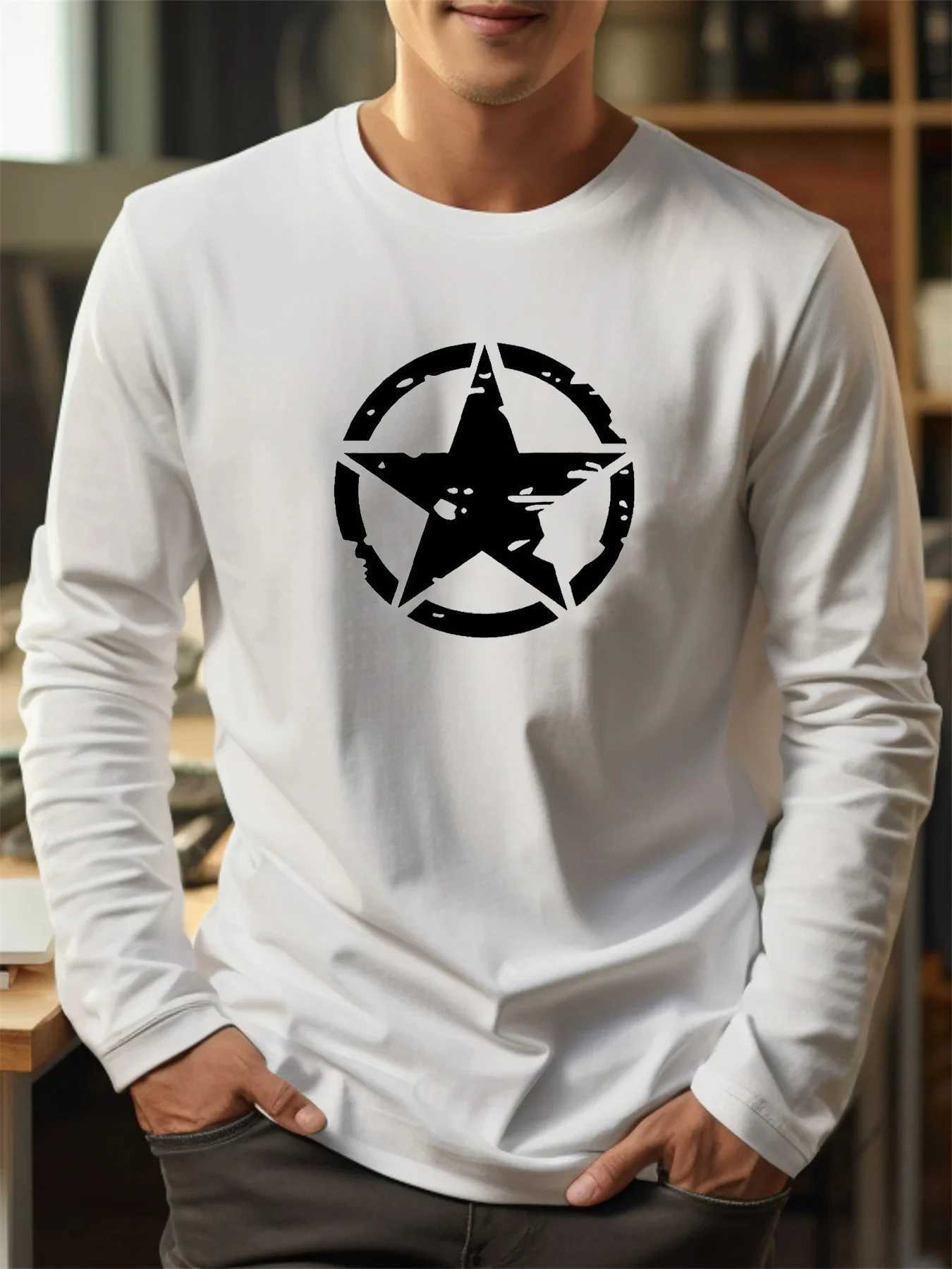 Mens 100 pure cotton loose fit plus size casual sports pentagram pattern printed round neck long sleeved Tshirt topXJ251023