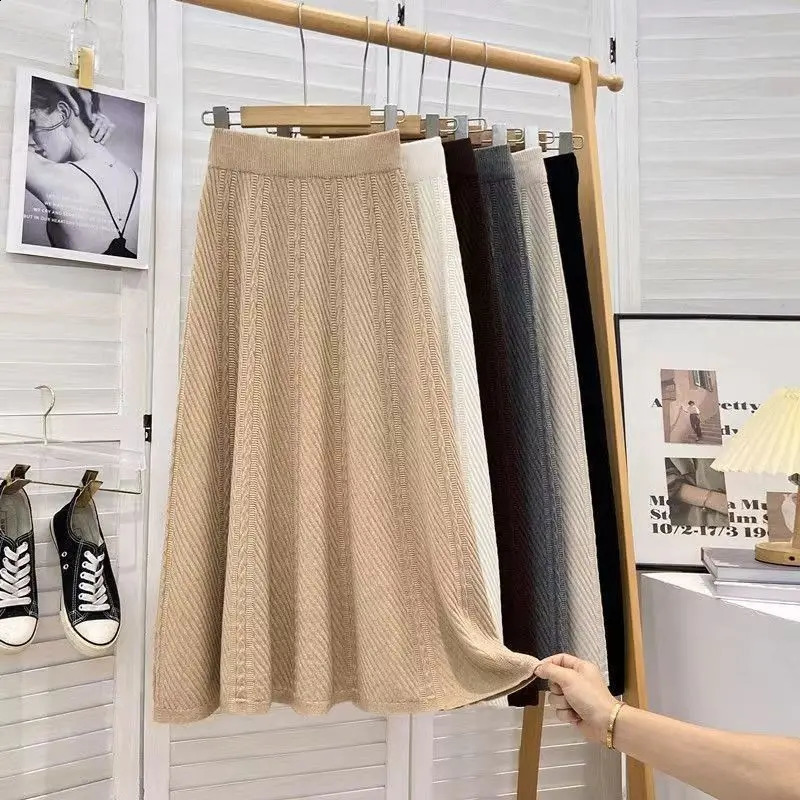 Smvp Autumn Winter Loose High Waist Mid Calf Saias Lady Solid Color Wild Soft Knitwear Aline Skirt Women 251022