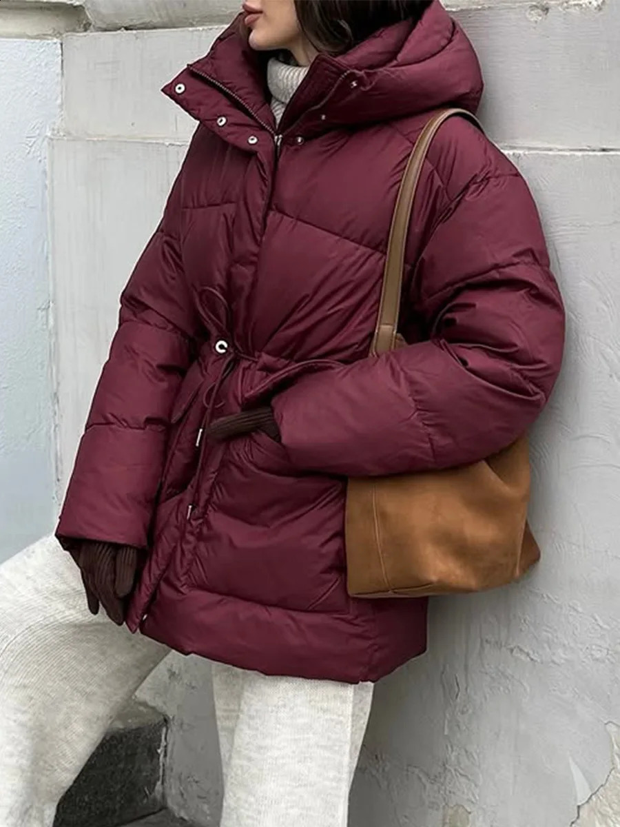 Bornladies Winter Women Wine Red Hooded Puffer Coat Drawstring Waist Zipper Warm Bread Jacket Outerwear 251021
