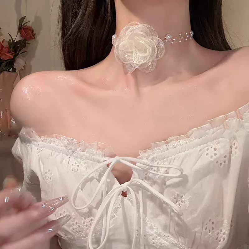 Designer necklace Full Diamond Rose Pearl Camellia Long Necklace for Women Elegant Flower Necklace for the Collarbone free shipping Gold necklace