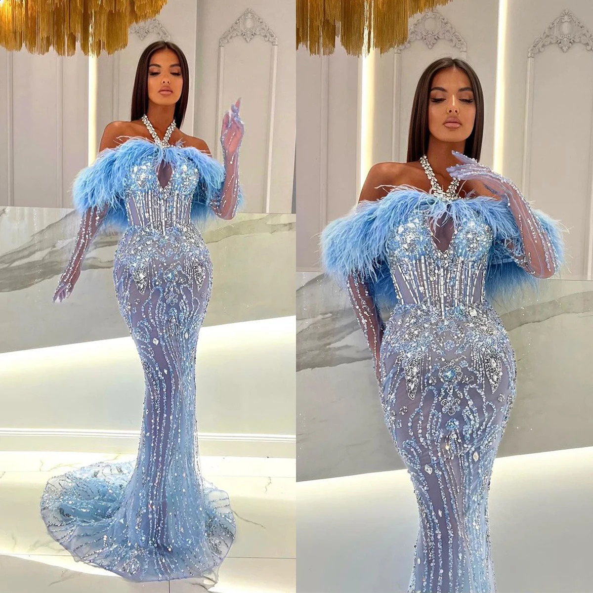 Gorgeous Blue Mermaid Halter Prom Dresses Crystal Sequins Feather Evening Gowns Side Split Custom Made Robe De Soire 251020