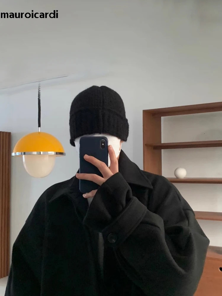 Mauroicardi Autumn Winter Long Warm Grey Black Slouchy Woolen Coat Men Single Breasted Loose Casual Wool Blends Overcoat 251016