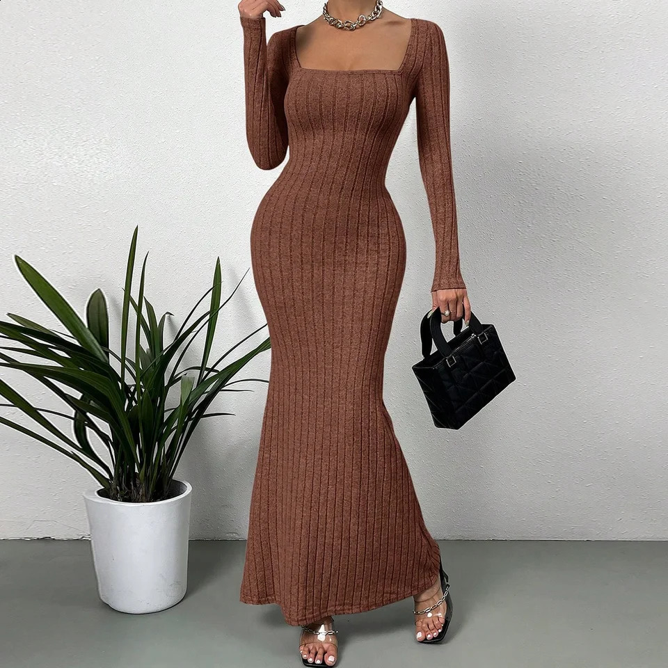 Womens Sexy Square Neck MidLength Knitted Dress Slim Fit Retro LongSleeved Wrap Hip Robe for Fall 251022