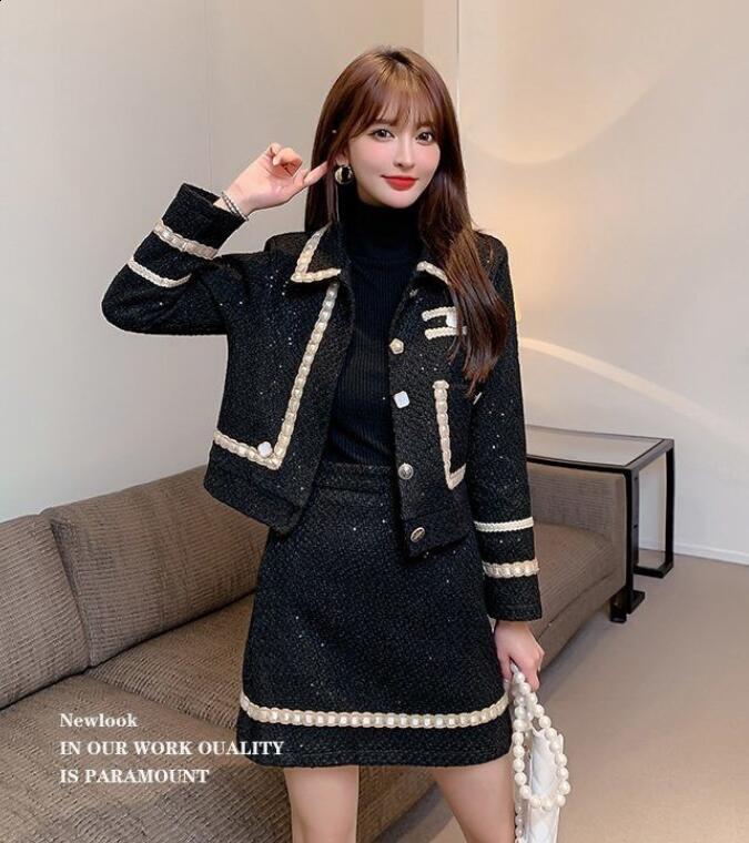 Women Tweed Jacquard Fragrant Suit Jacket Coat Top And Skirt Two Piece Set Elegant Chic Outfit Winter Workwear Party Clothing 250718