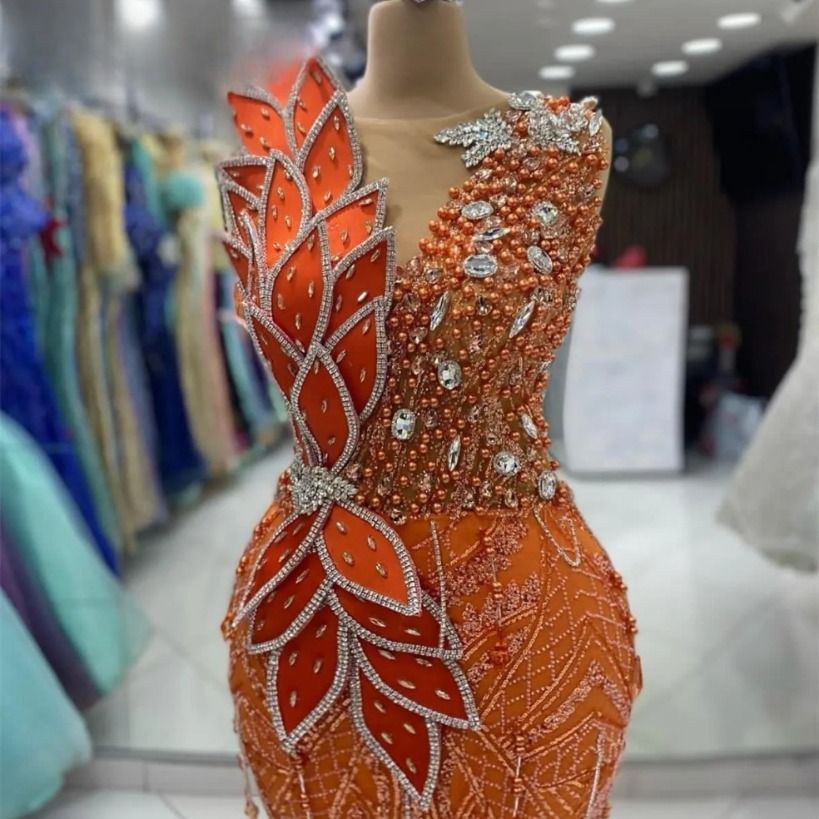 2026 Aso Ebi Orange Mermaid Prom Dress Pearls Crystals Sheer Neck Evening Formal Party Second Reception Birthday Engagement Gowns Dresses Robe De Soir