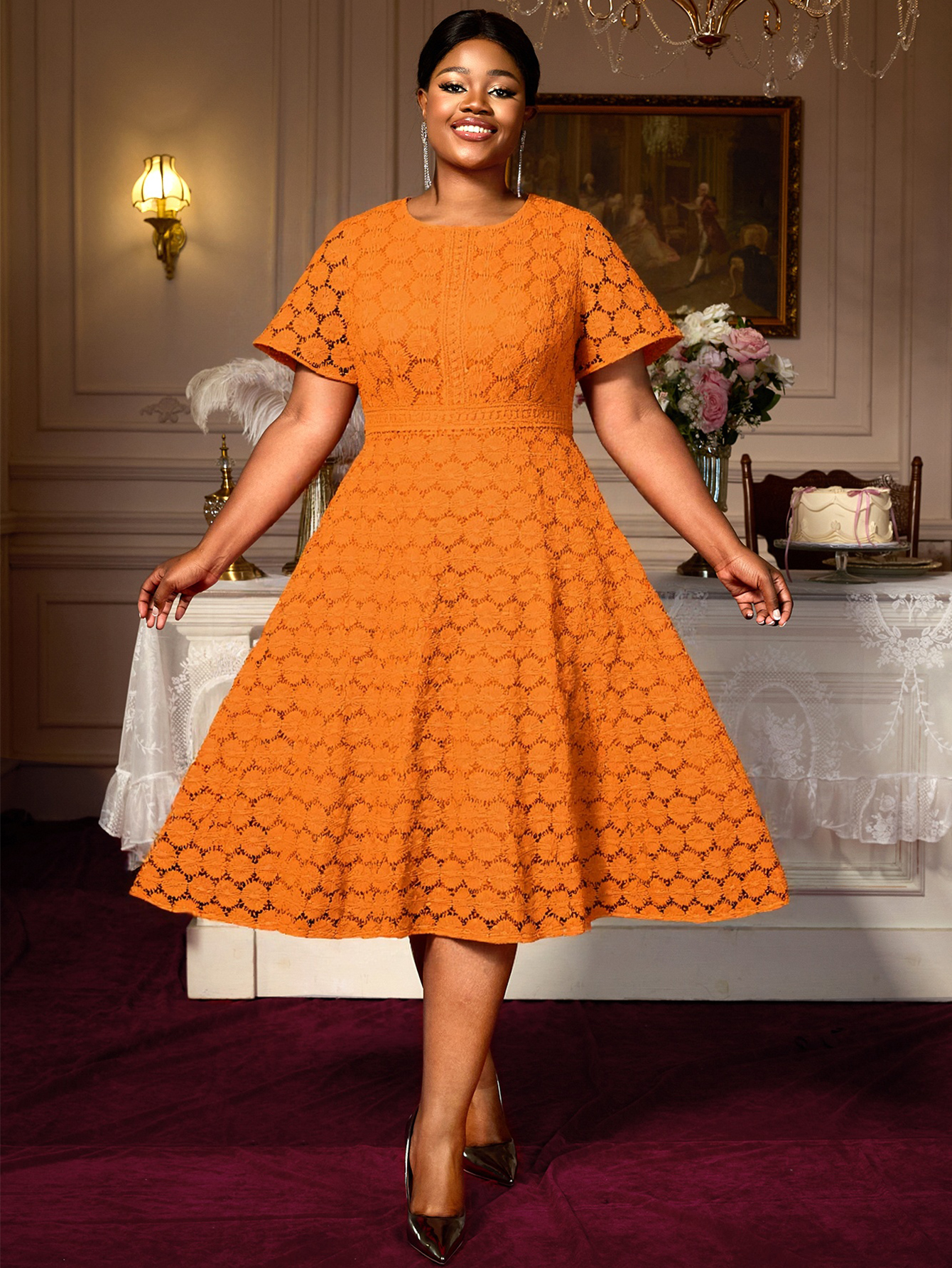Elegant Orange Summer Casual Hollow Out Lace Dot Women Short Sleeve A Line AOMEI Midi Dresses for Plus Size AM050748
