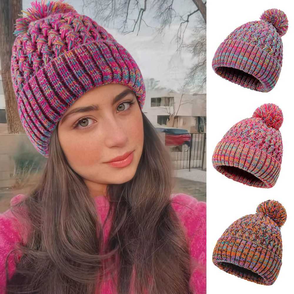 Ladies Single Layer Knitted Hat with Colorful Ball Pom Winter Head Warmth Pineapple Patterned Cap Beanie with pompomXJ251023