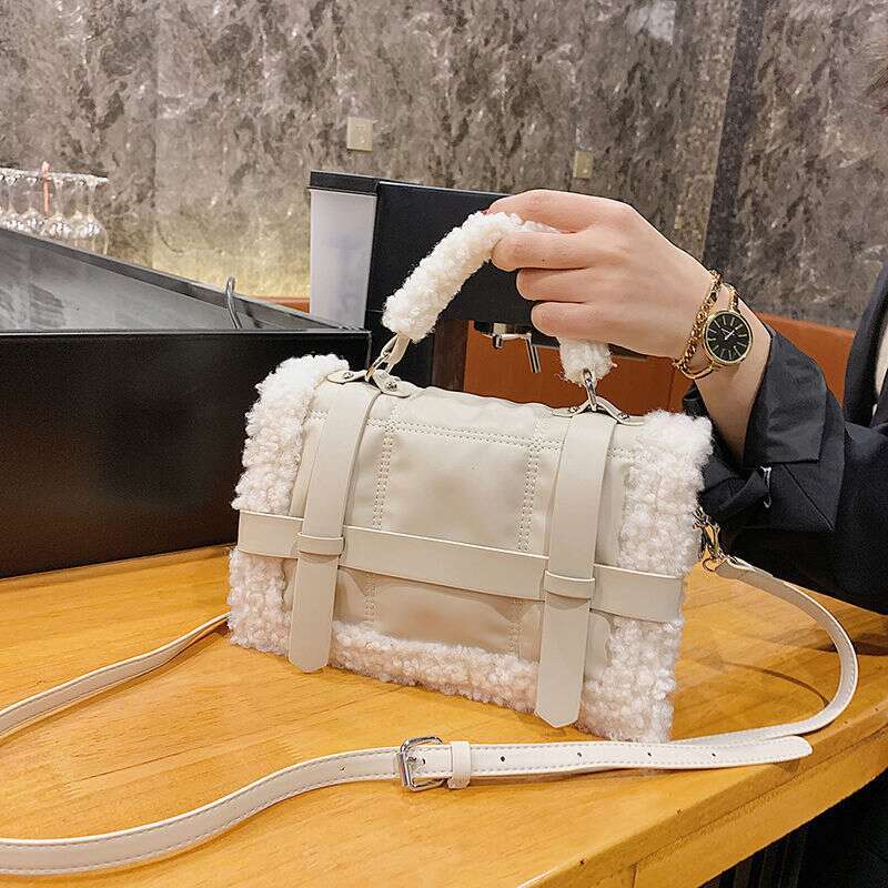 toteBag Shoulder bag ROSE NOIRE Lamb Wool Patchwork For Women Autumn Winter New Women S Ins Style Single Shoulder Small Square Bag Plush Handbag Cross