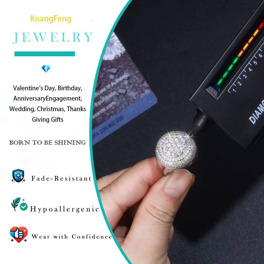 Mens Womens 925 Silver Platinum Plated Full Iced out Moissanite round Ring Hip Hop Style Statement Jewelry Accessory