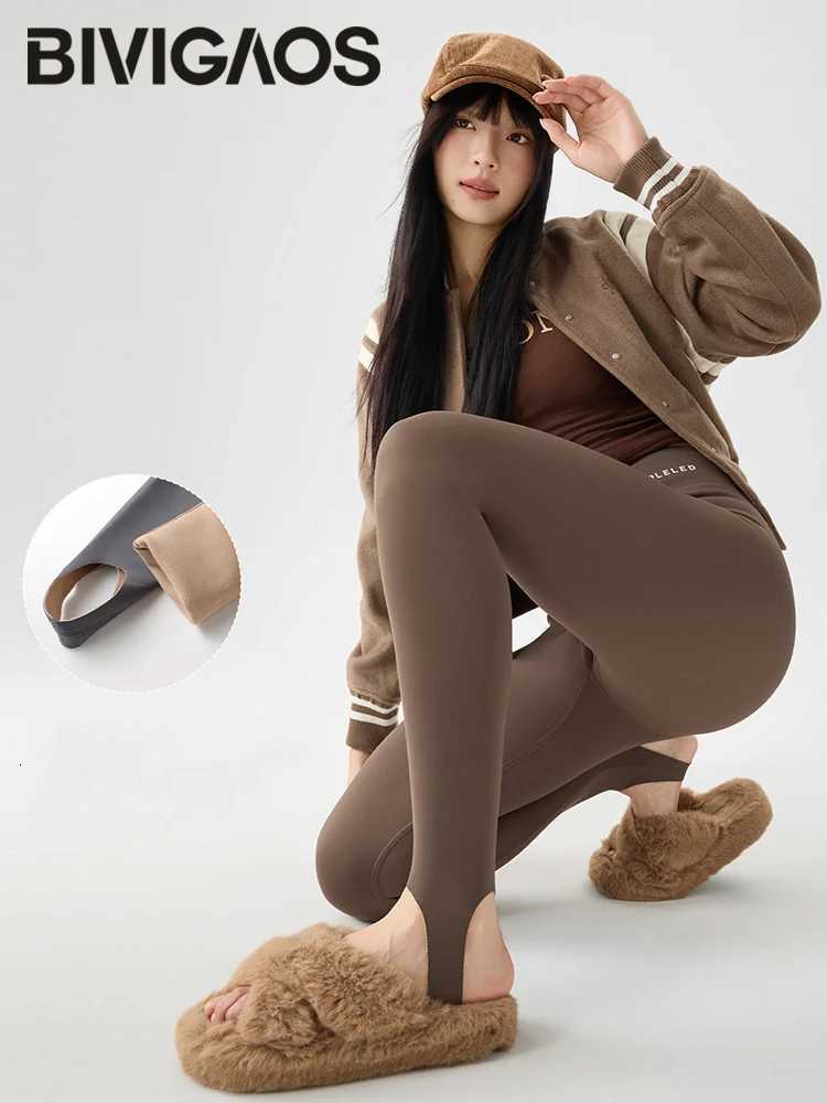 BIVIGAOS Autumn Winter Thick Foot Pants Sharkskin Leggings Womens Rabbit Fleece Warm Leggings High Waist Elastic Non Trace YogaT251023