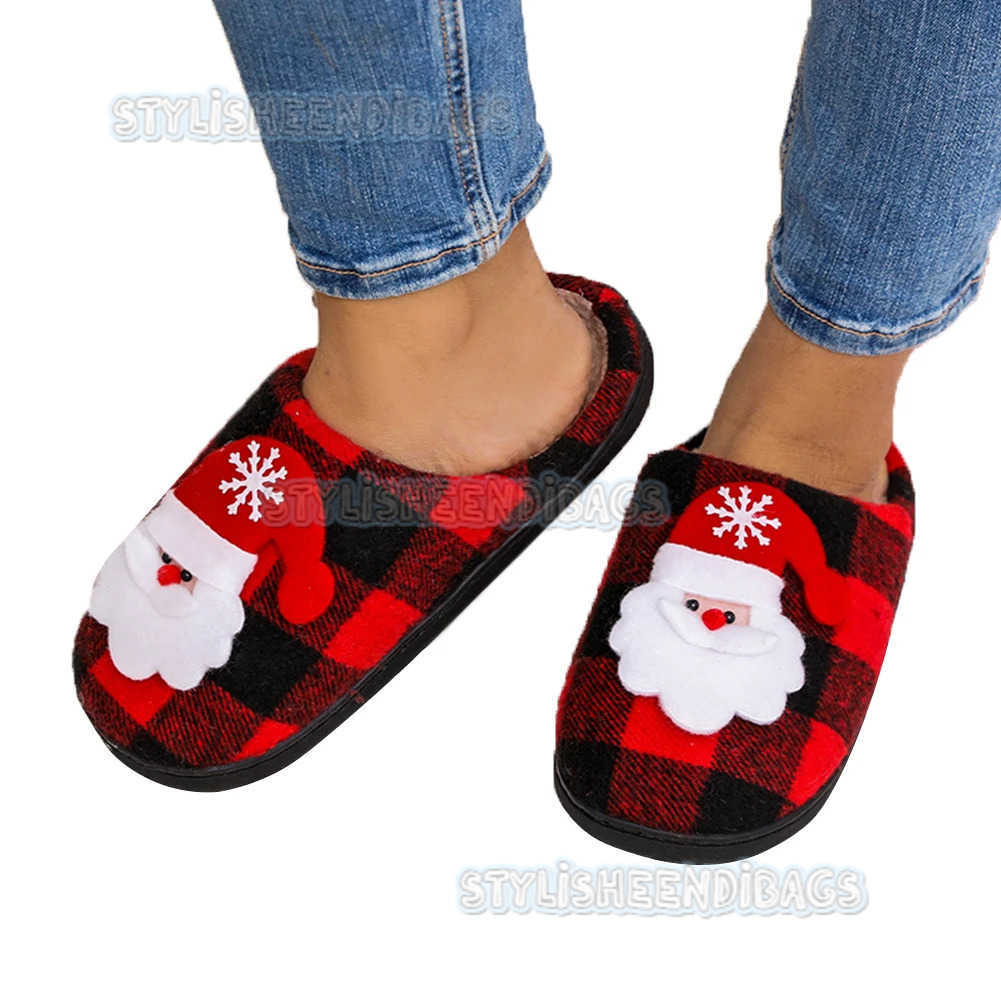 Christmas Fuzzy Indoor Slippers Cozy Santa Claus Fluffy Fur Slippers Anti Slip Plush Closed Toe Slippers Plaid for Winter Indoor H251023
