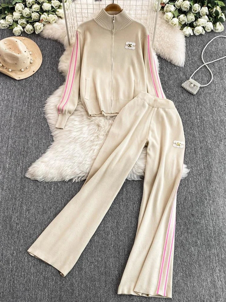 Casual College Sle Womens TwoPiece Set Long Sve Outerwear And High Waist Wide Leg Pants plus Size Sportswear 251022