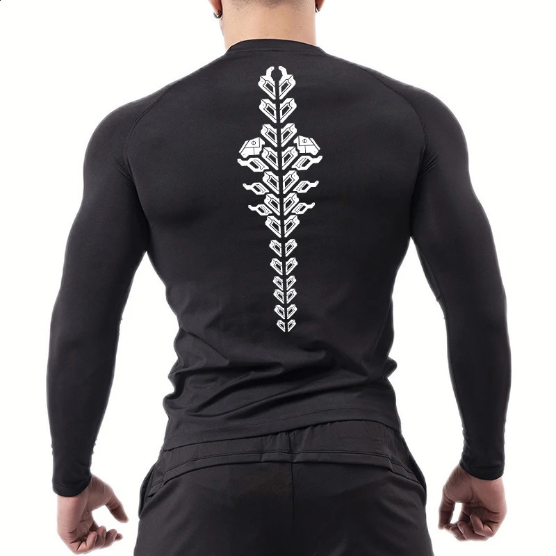 Spine Print Long Sleeve Compression Shirt for Men Athletic Quick Dry Tshirts Gym Workout Running Tees Tops Baselayer Undershirt 251023