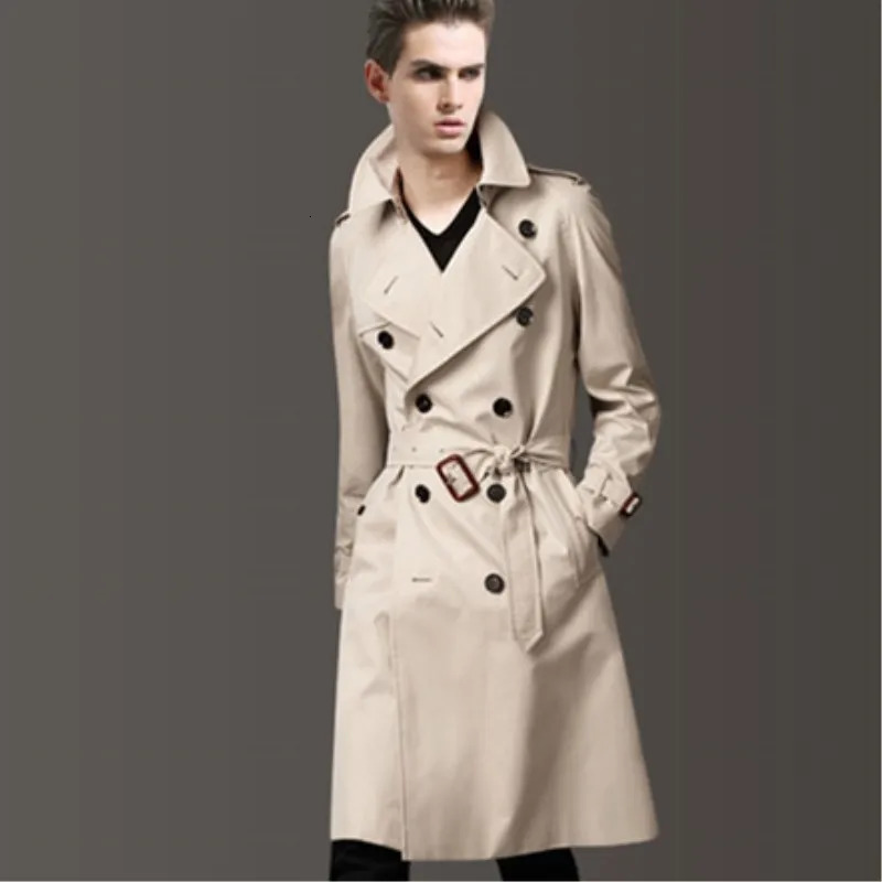 Mens MediumLong Khaki Trench Coat Single Breasted Slim Fit Monochrome 3XL Spring Autumn Wear 251014
