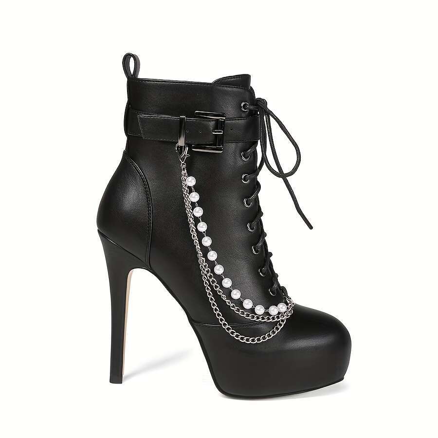 Patty Star Christmas Stiletto Boots 1 Pair Man-Made Upper/Inner, Rubber Sole Round Toe, Pearl Chain Side Zipper High Heel Nightclub Footwear