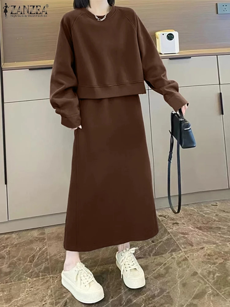 ZANZEA Fashion Women 2 Piece Outfit Autumn Long Sleeve Top Casual High Waist Skirt Sets Solid Dress Suits Tracksuits 251022