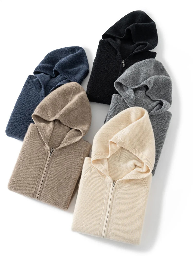 Mens Autumn Winter Cashmere Sweater Zippers Hooded Cardigan Jacquard Casual Pockets 100 Knitwear Raglan Sleeve Tops 251023