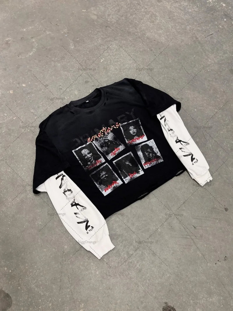 Retro Anime Hiphop Fashion Loose Oversized Splicing Tshirt Men Y2k Goth Harajuku American Street Casual Longsleeved Women 251020