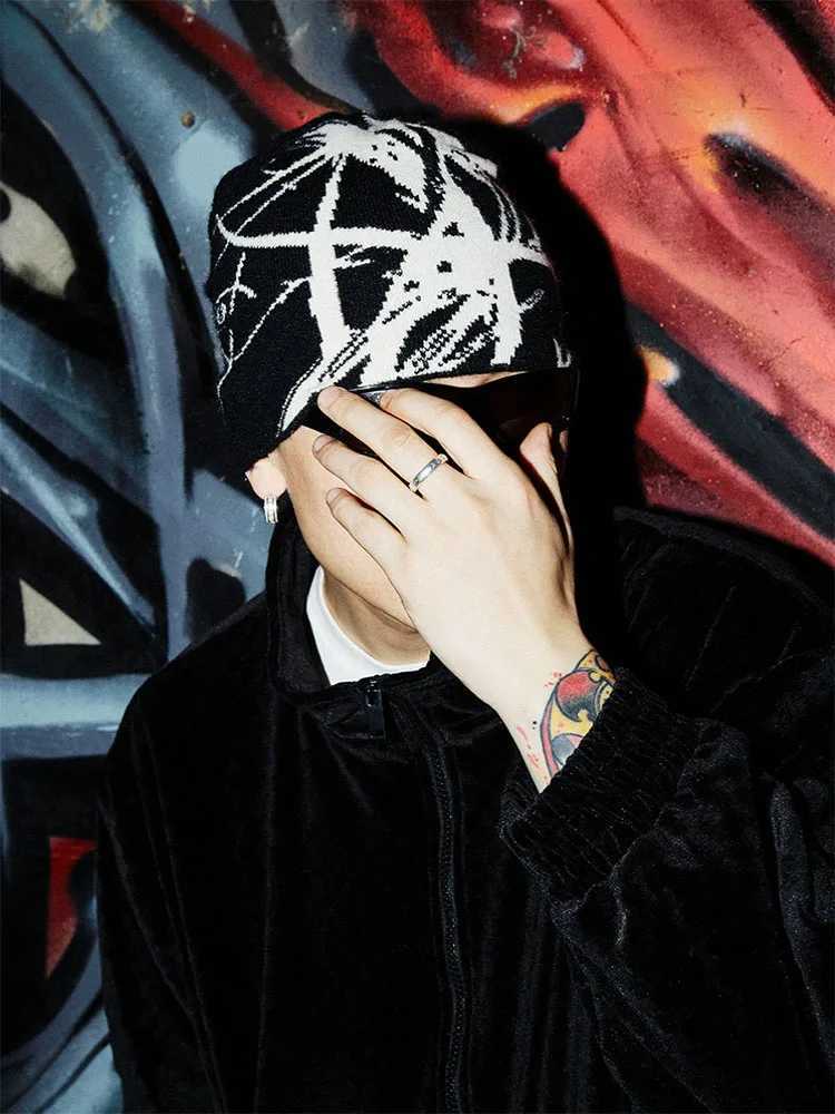Mens Hat Beanie Y2k Knitted Gothic Hip Hop Harajuku Streetwear Wool Winter Korean Fashion Pullover Jacquard Unisex AccessoriesXJ251023