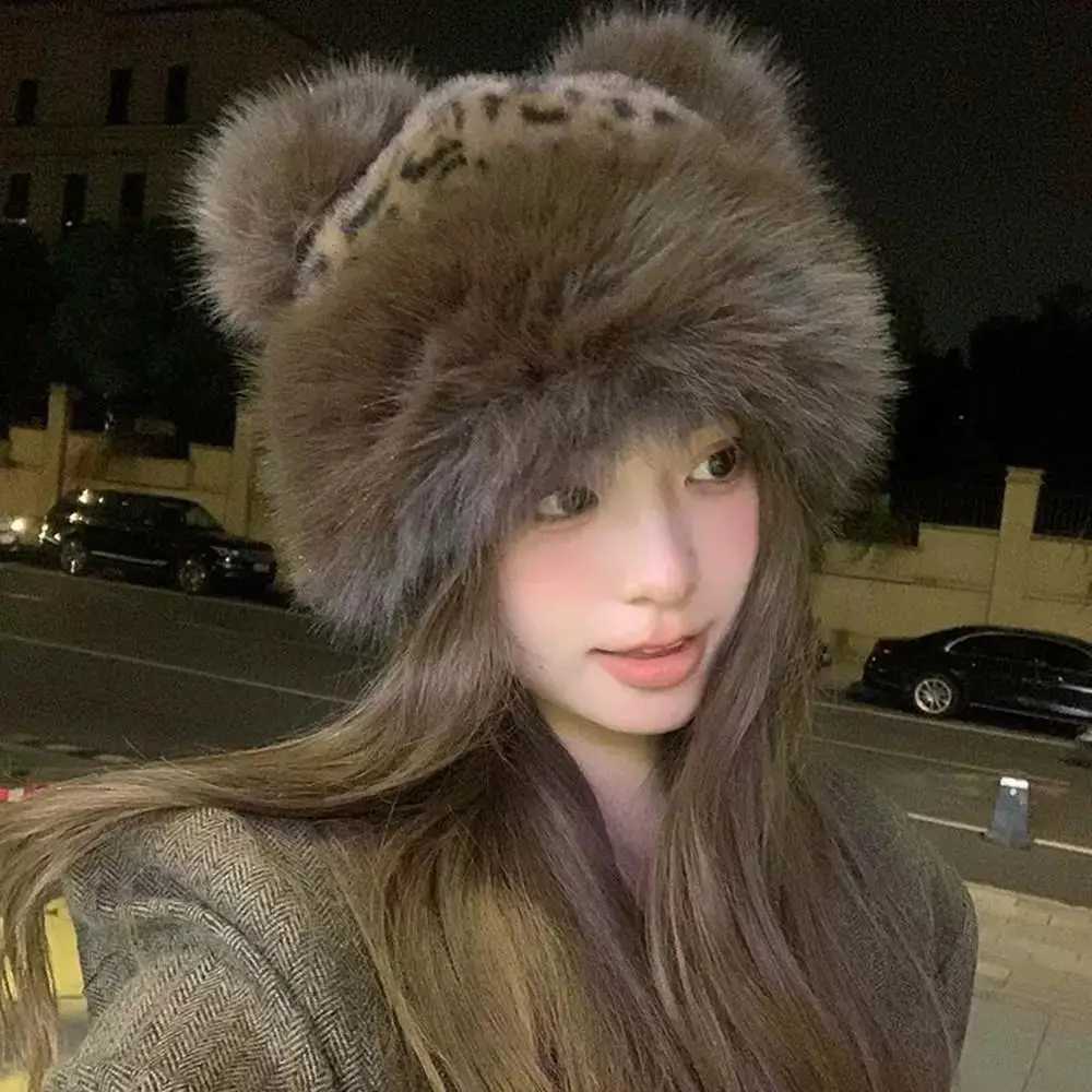 Retro Leopard Print Plush Cat Ears Beanie Women Thicken Warm Fur Hat Windproof Fluffy Fur Bucket Hat Cold Snowy Day Panama CapXJ251023