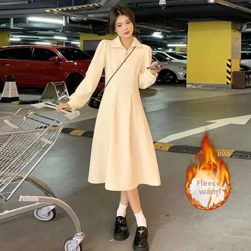 Fashionable Long Sleeve Fleece Lined Slimming Thickened Winter Dress Empire Waist Maxi Skirt for Women Elegant Turndown Collar 251022