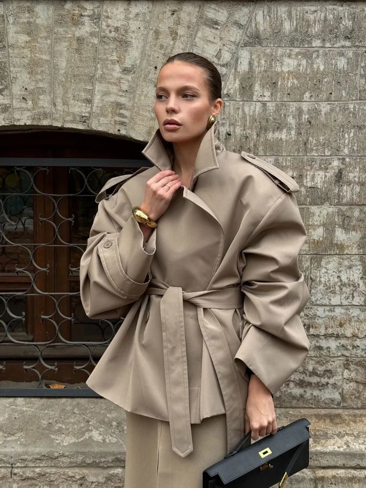 Elegant Solid Lace Up Overcoat Women Chic Full Sleeve Lapel Collar Button Loose Coat Autumn Female Street Oversize Outerwear 251013