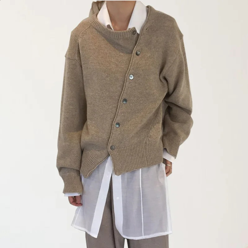 Spring Korean Version Diagonal Buckle Irregular n Lazy Wind Sweater Cardigan Crew Neck Knitted Jacket Womens Wholesale 251022