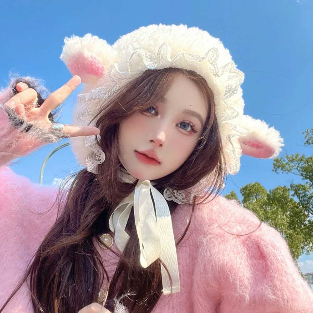 Fluffy Costume Cat Ear Lace Hats Warm Soft Lovely Lamb Cosplay Bucket Beanies Hat Outdoors Winter Warm s Christmas GiftW251023