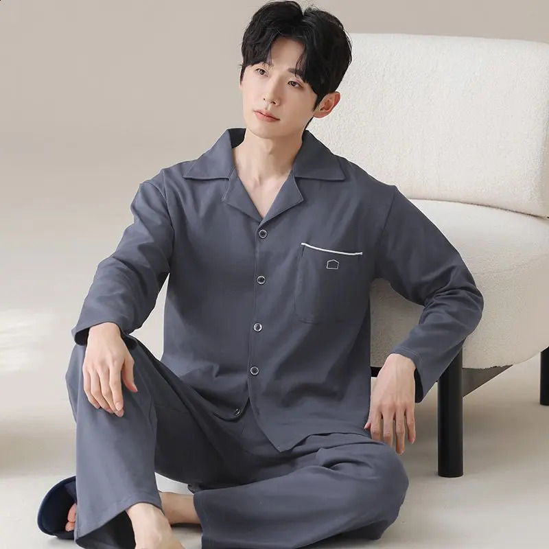 Modal Cotton Mens Pajamas Spring Autumn Thin Longsleeved Trousers Large Size Solid Homewear Male Outside Loungewear Suit 251021