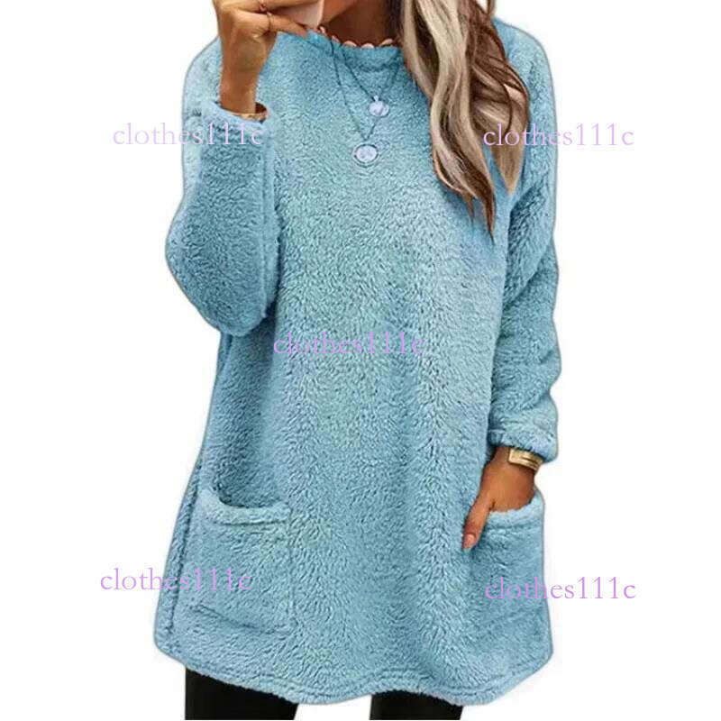 Autumn Winter O Neck Pullover Plush Hoodie Women Daily Commuter Casual Double Pockets Splice Hem Sweatshirt Female Long Warm Top