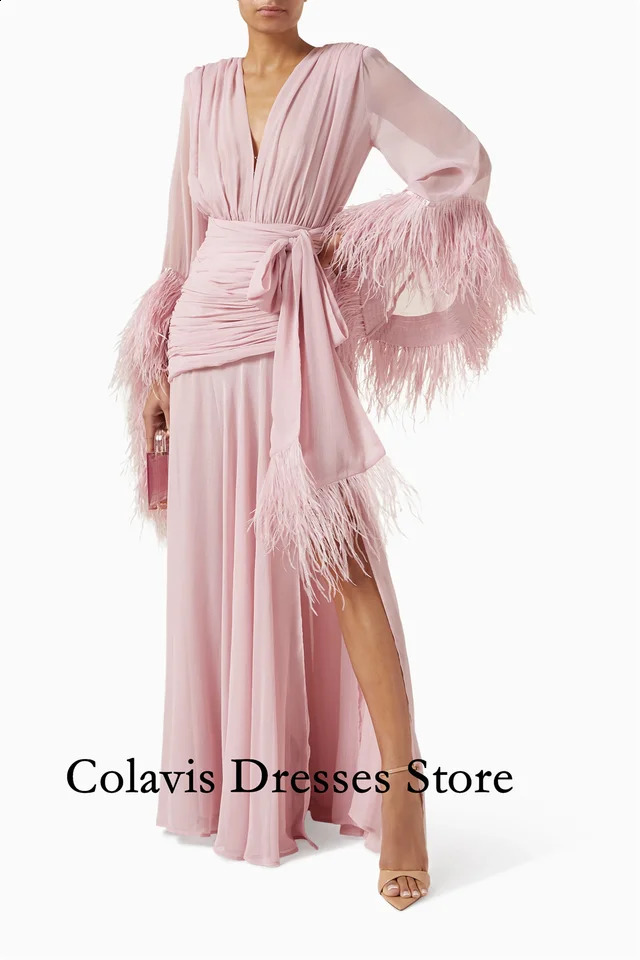 Customized Deep VNeck Flare Sleeves Feather Pink Chiffon Prom Dresses Evening Dress Women Evening Gowns Formal Party Dress 251020