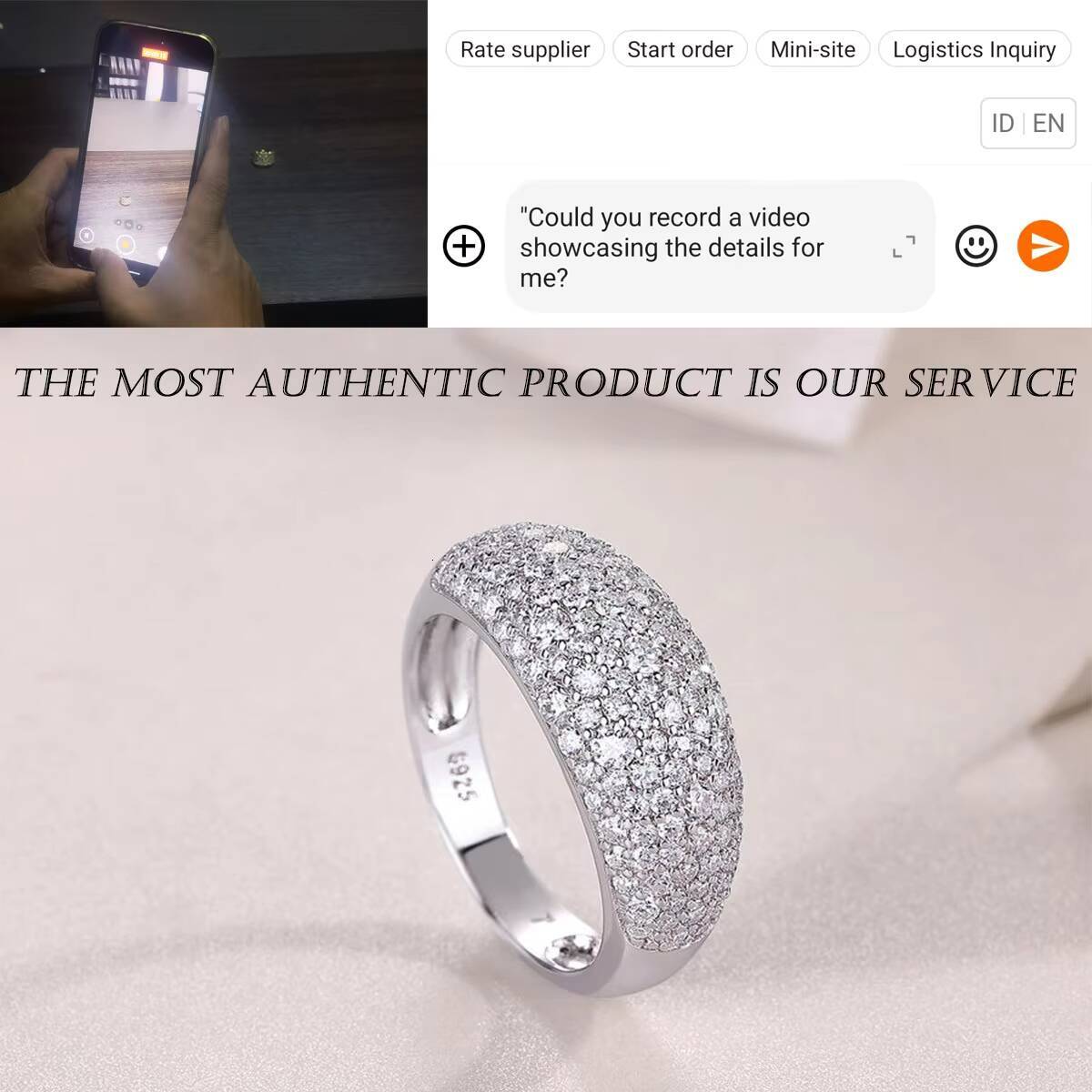 Luxury Moissanite Pav Ring S925 Sterling Silver 18K White Gold Plated Elegant Dome Design Jewelry for Women