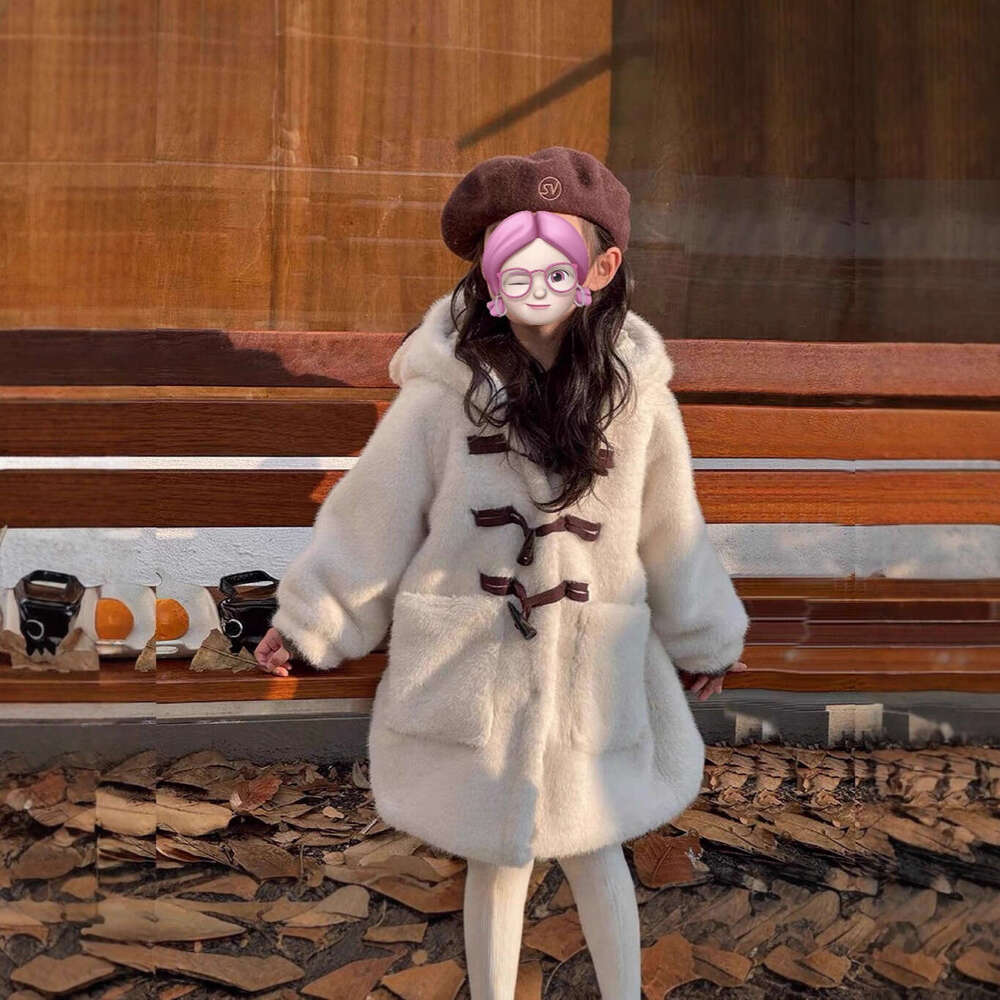 Coat Girls' Fur Faux Plush Mink MidLength Thickened Jacket with Cute Bear Ears Girls'