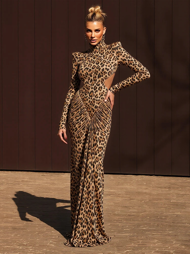 Nibber Leopard Print Maxi Dress Women Backless Full Sleeve Turtleneck Peach Butt Folds Skinny Fashion Elegant Banquet Vestidos 251022