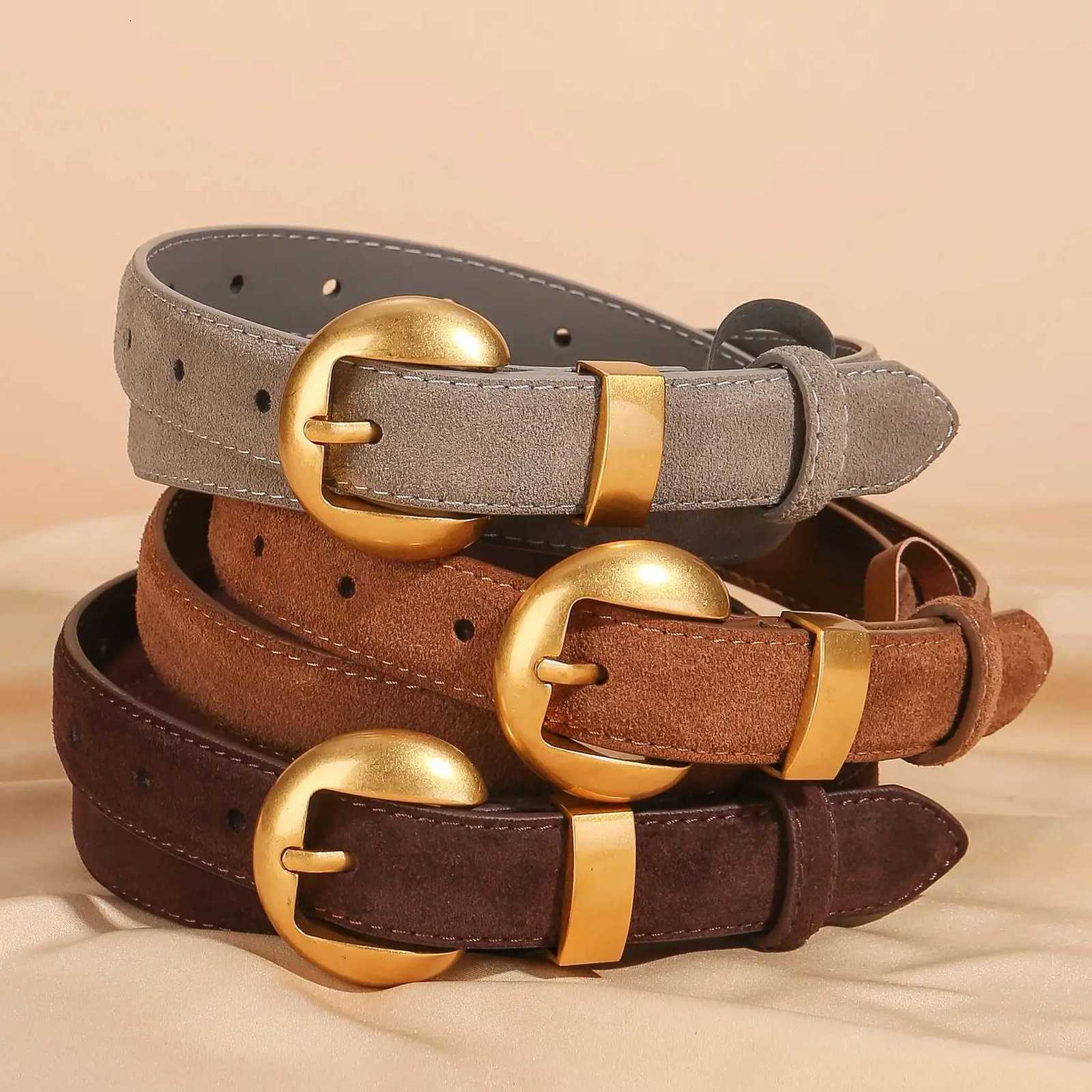 Fashion Womens Suede Leather Belt for Jeans Dresses with Gold Alloy Buckle Cowhide Suede Stylish Waistband Adjustable GirdleXJ251023