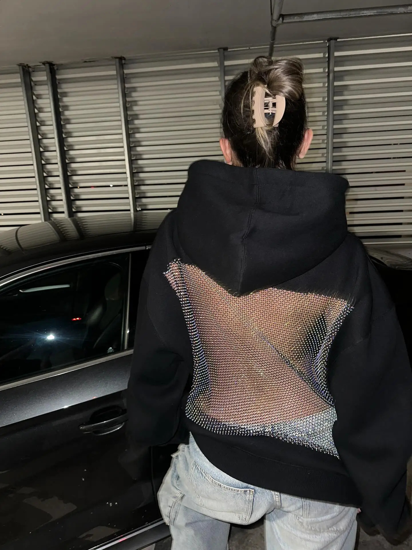 Women Black Hoodie Open Back Mesh Cutout Edgy Streetwear Casual Party Night Comfortable Relaxed Fit Fashion Trendy Chic Top 251022