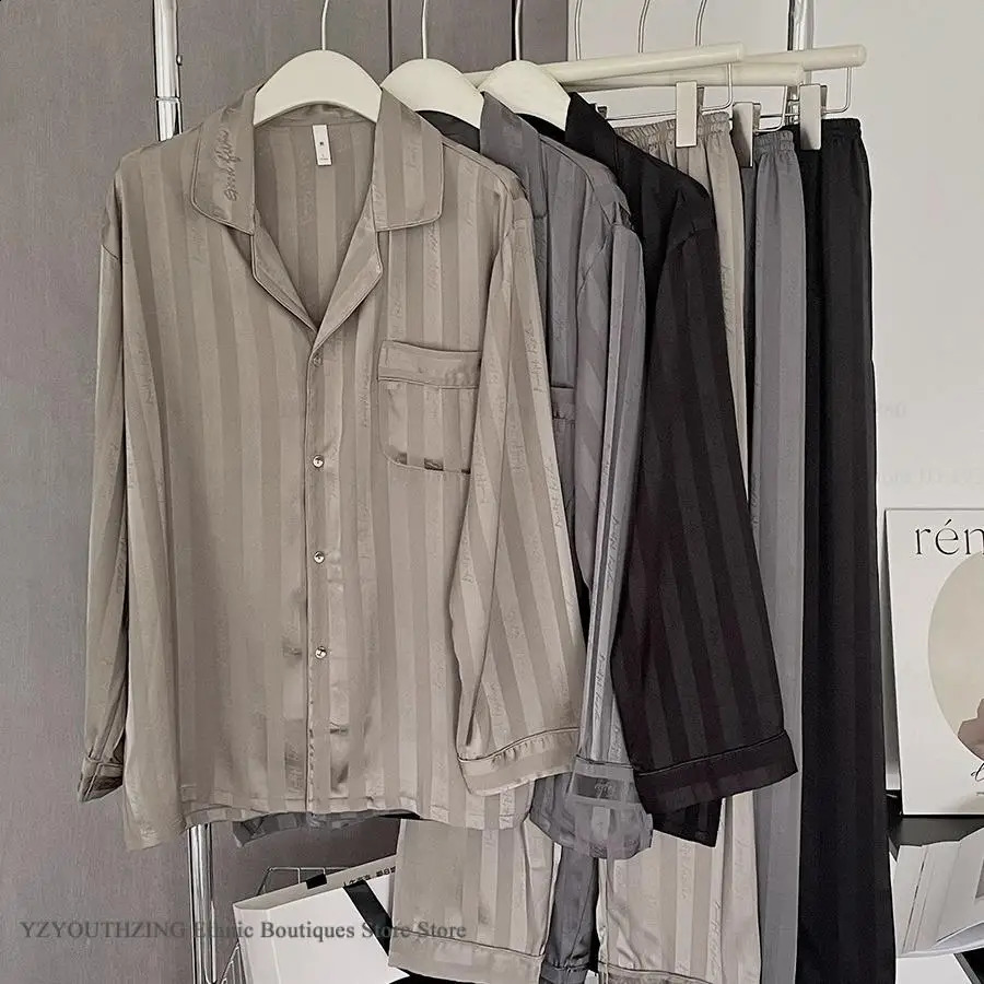 Men 2PCS Pajamas Set Loungewear Print Stripe Sleepwear Long Sleeve Trouser Suits Loose Silky Satin Home Clothes Night Wear 3XL 251021