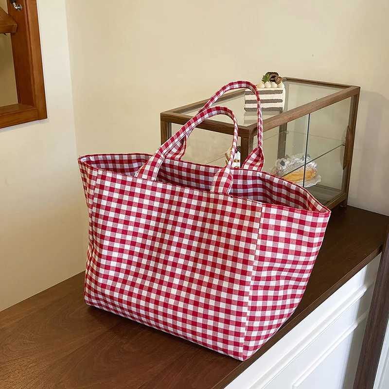 Large Capacity Plaid Womens Canvas Shoulder Bags Simple Commuter Female Shopping Bag College Girls Book Tote Travel HandbagsL251023
