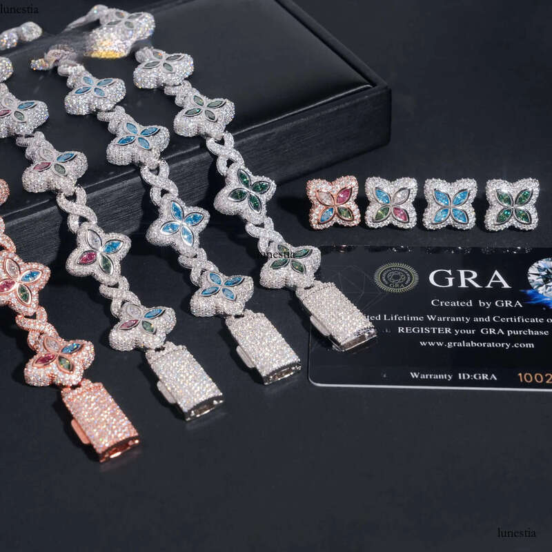 Hip Hop Sier 18MM Width Colored Clover Moissanite Bracelet with Earrings Custom Iced Out Fine Jewelry Sets for Men Women