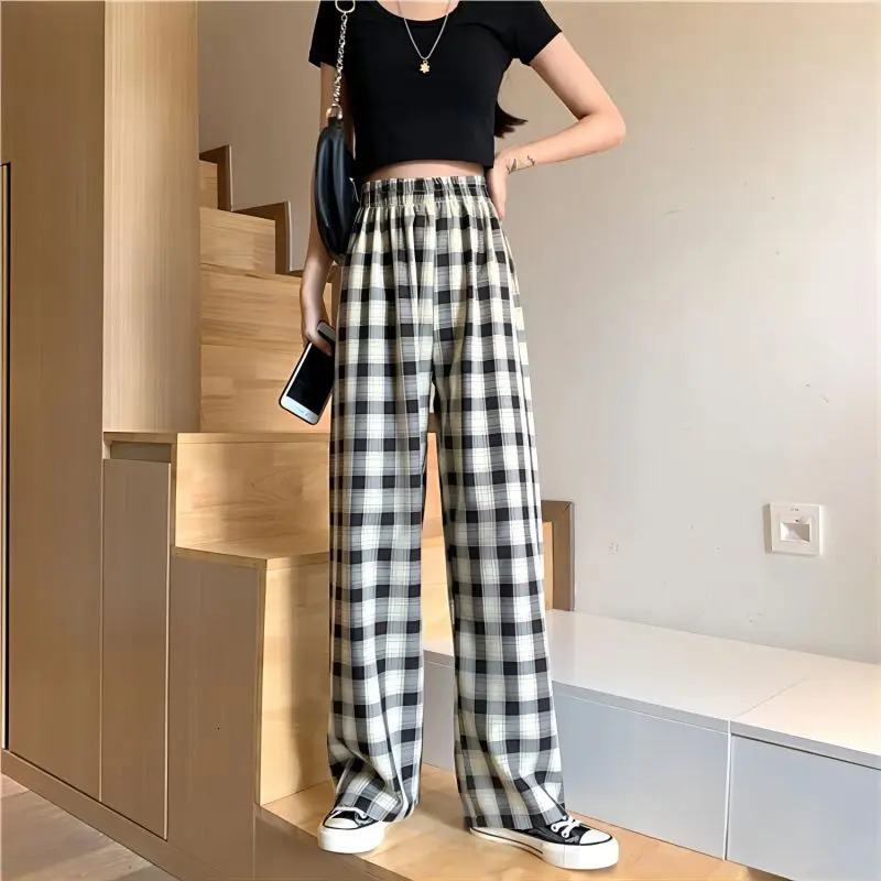 Women Checkered Casual Pants Loose Straight Corduroy Pants Sweatpants Women Fashion Streetwear Spring Hip Hop Trousers 251016