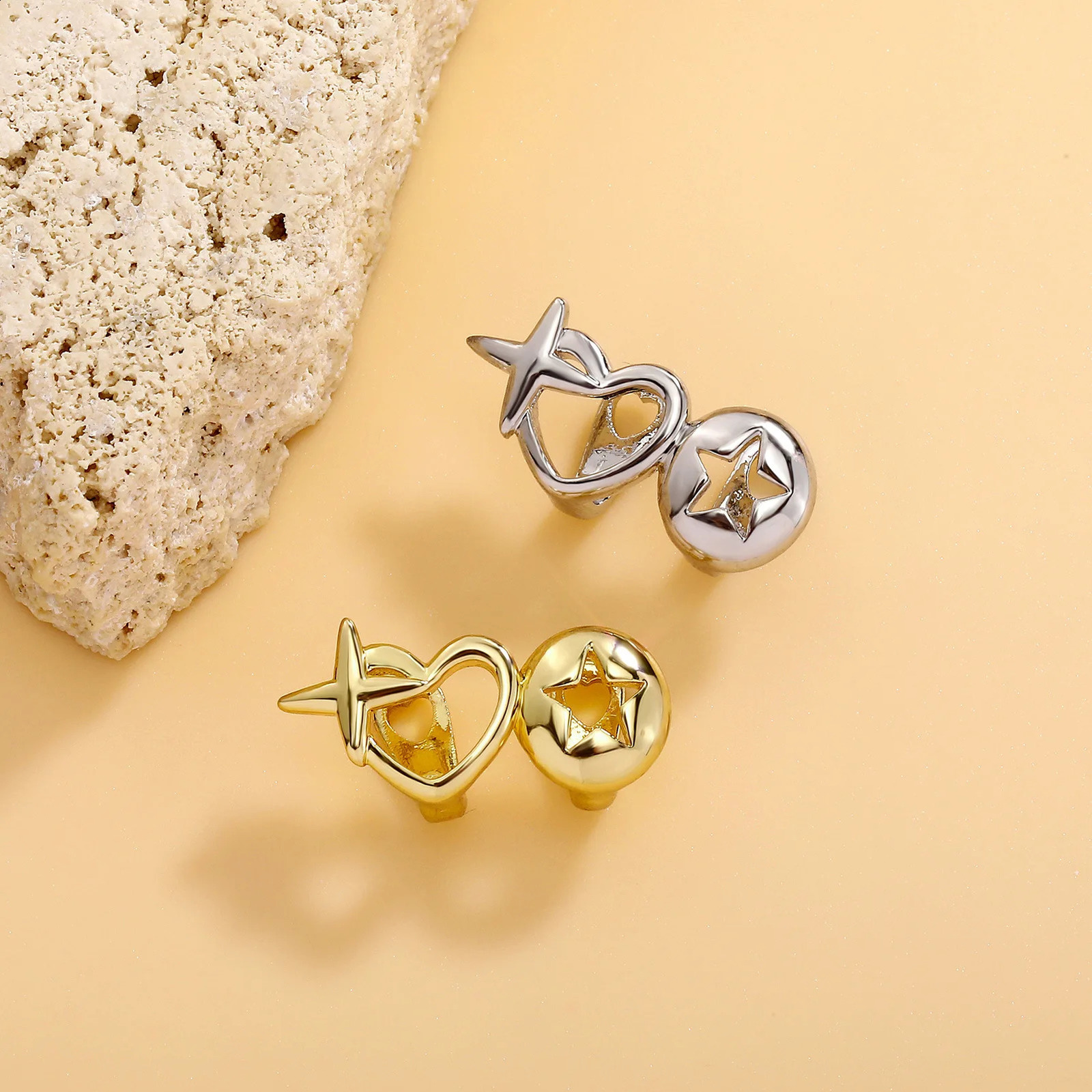 Hiphop Personality Double Hollowedout Heart Shape Stars Stainless Steel Dental Grills for Women Men Halloween Teeth Jewelry 251022